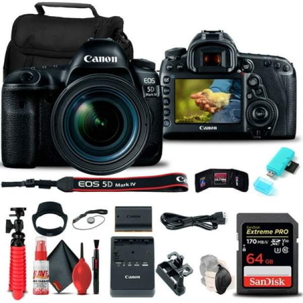 Canon EOS 5D Mark IV DSLR Camera with 24-70mm f/4L Lens (1483C018) + 64GB Memory Card + Card Reader + Case + Flex Tripod + Hand Strap + Cap Keeper + Memory Wallet + Cleaning Kit