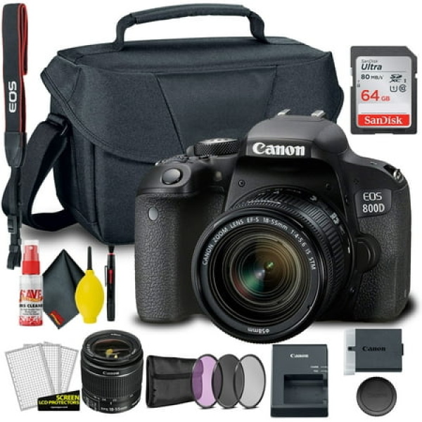 Canon EOS 800D / Rebel T7i DSLR Camera with 18-55mm Lens + Creative Filter Set EOS Camera Bag + Sandisk Ultra 64GB Card + 6AVE Electronics Cleaning Set And More (International Model)