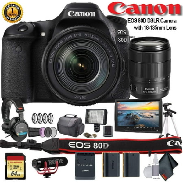 Canon EOS 80D DSLR Camera with 18-135mm Lens W/ Bag Extra Battery LED Light Mic Filters Tripod Monitor and More - Professional Bundle