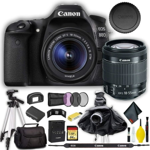 Canon EOS 80D DSLR Camera with 18-55mm Lens (Intl Model) 64GB Memory Pro Kit