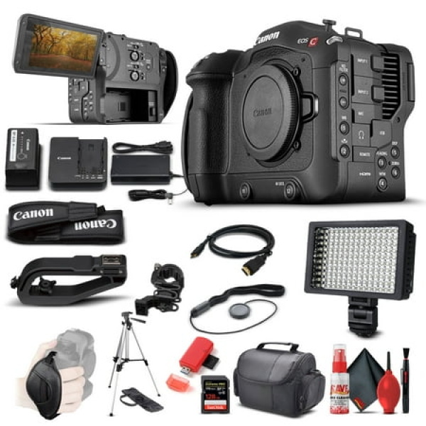 Canon EOS C70 Cinema Camera (RF Lens Mount) (4507C002) + 128GB Extreme Pro SD Card + Tripod + HDMI Cable + Case + LED Light + Card Reader + Cleaning Set + Cap Keeper + Hand Strap