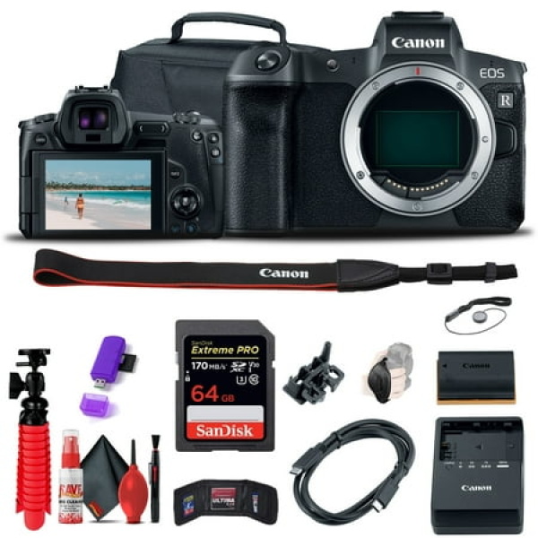 Canon EOS R Mirrorless Digital Camera Body Only (3075C002) 64GB Memory Card Case Card Reader Flex Tripod Hand Strap Cap Keeper Memory Wallet Cleaning Kit