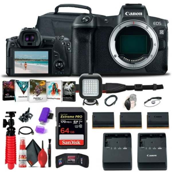 Canon EOS R Mirrorless Digital Camera (Body Only) (3075C002) 64GB Memory Card Case Corel Photo Software 2 x LPE6 Battery External Charger Card Reader LED Light Flex Tripod + More