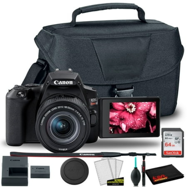 Canon EOS Rebel 250D/SL3 DSLR Camera with 18-55mm Lens (Black) + EOS Bag + Sandisk Ultra 64GB Card + Cleaning Set And More