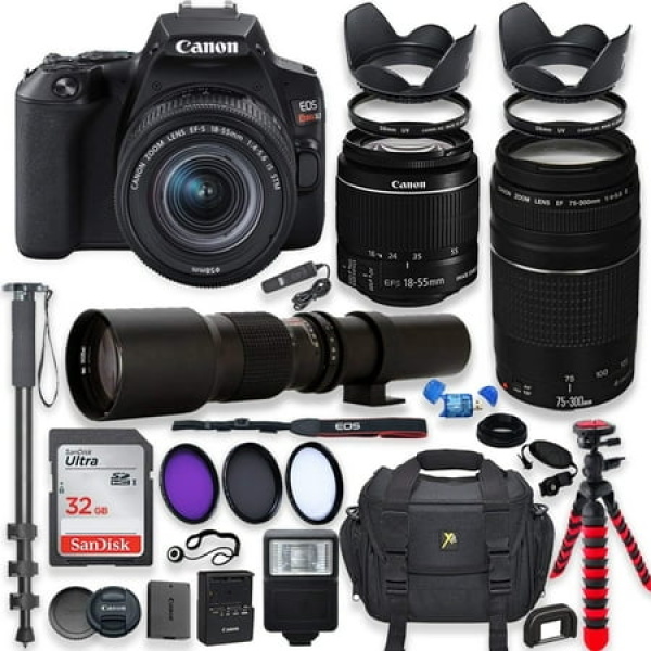 Canon EOS Rebel SL3 DSLR Camera with 18-55mm STM Lens Bundle + Canon EF 75-300mm f/4-5.6 III Lens and 500mm Preset Lens + 32GB Memory + Filters + Monopod + Spider Tripod + Professional Bundle