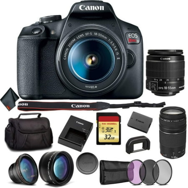 Canon EOS Rebel T7 DSLR Camera Bundle with 2 Lenses + Angle Lens + More