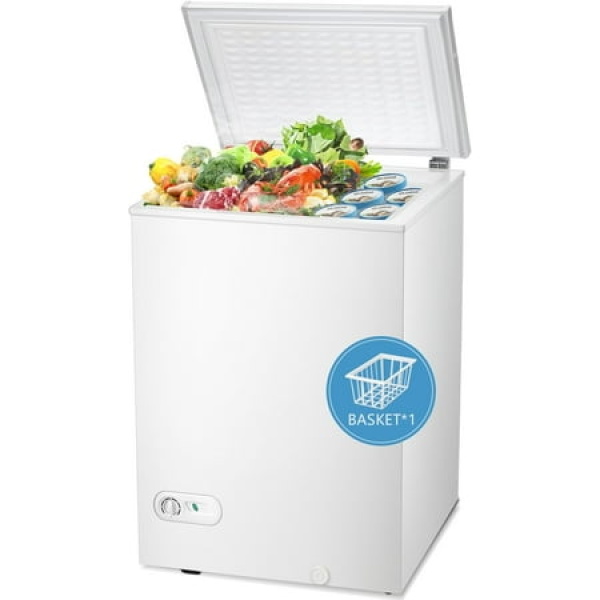 Chest Freezer 3.5 Cubic Feet with Removable Baskets and Defrost Water Drain Deep Freezer Adjustable Temperature Energy Saving Top Open Door Compact Freezer