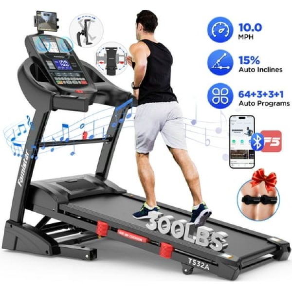 Famistar 4.5HP Folding Treadmill for Home with 15 Auto Incline Smart APP 300lbs HiFi Bluetooth Speakers 64 Programs 10MPH Speed Foldable EleTreadmill Running Machine Knee Strap Gift