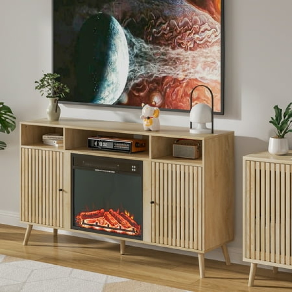 Fireplace TV Stands for TVs up to 65 Mid-century Modern Entertainment Center with 23 Electric Fireplace Storage Cabinet with Adjustable Shelves for Living Room