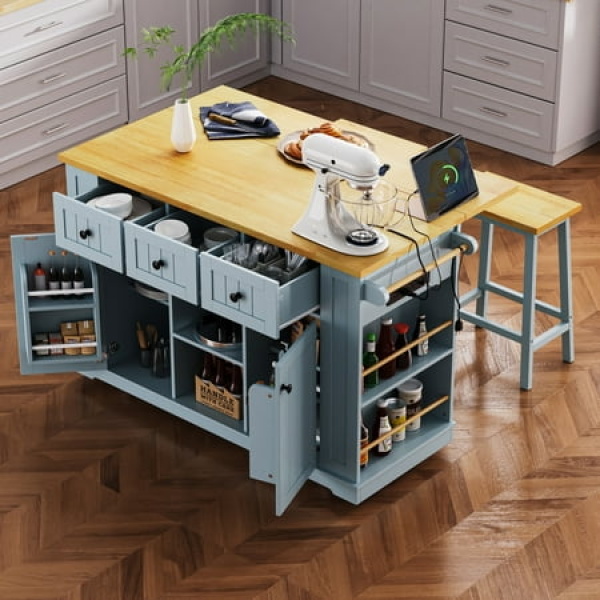 Glavbiku 53in Large Kitchen Island Cart with Drop Leaf Power Outlet Rolling Cart on 5 Wheels with 5 Open Side Racks for Kitchen Gray Blue