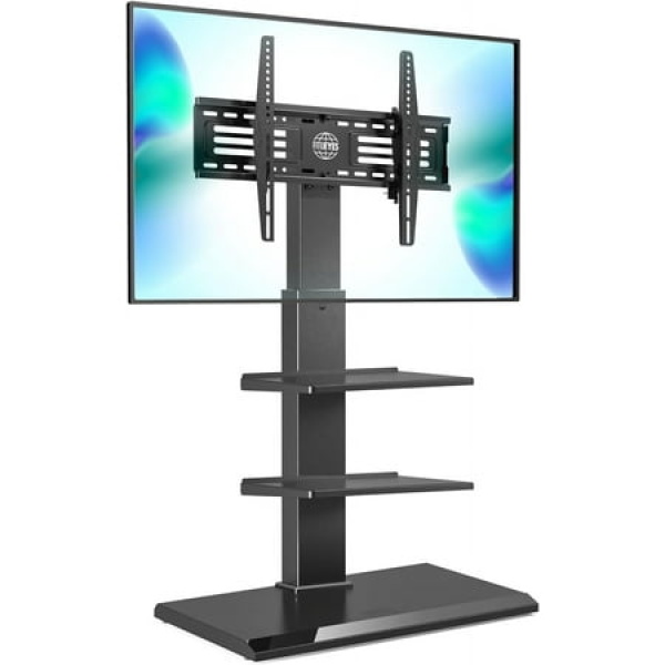 Iron Base Universal Floor TV Stand Swivel Tilt Mount TV Stand Base for 32-75 Inch TVs Corner TV Stand with Height Adjustable Entertainment Shelves Wire Management (Black)