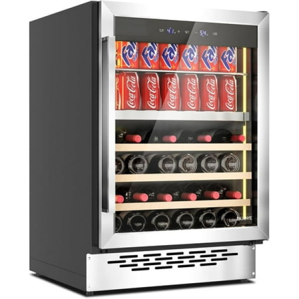 JINJUNYE 24Inch Wine Cooler Dual Zone Wine and Beverage Refrigerator 84Can+28Bottle Temp Control Built-in or Freestanding Wine Fridge for Red White Champagne Sparkling Wine Stainless Steel