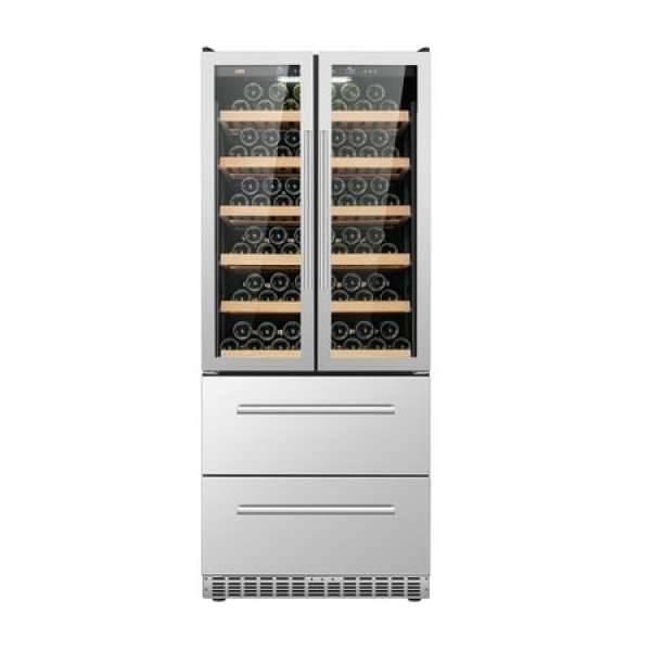 Lanbo Wine and Beverage Fridge with Double French Doors and Two Bottom Drawers 168 Bottles and 300 Cans Storage