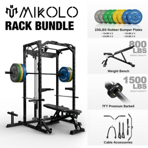 Mikolo Power Rack Cage with LAT Pulldown System 1200 lbs Capacity Power Rack with 800 lbs Capacity Weight Bench and 1500 lbs Capacity Barbell Combo (Upgraded)