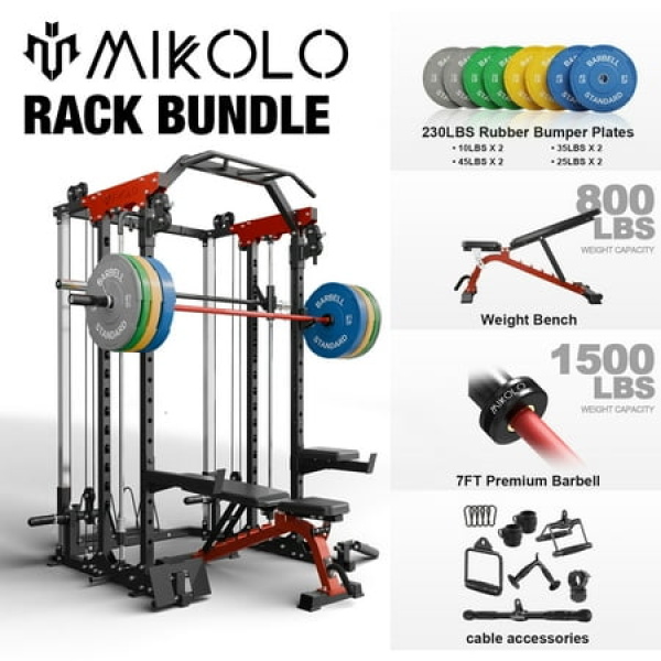 Mikolo Smith Machine 2000LBS Power Cage Squat Rack with Smith Bar Two LAT Pull-Down Systems Cable Crossover Machine and More Cable Attachment for Home Gym