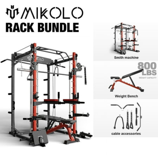 Mikolo Smith Machine Home Gym 2000lbs Squat Rack with 800 lbs Weight Bench Combo Training Equipment with LAT-Pull Down System & Cable Crossover Machine