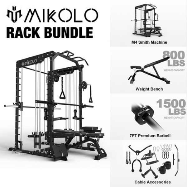 Mikolo Smith Machine Power Cage with Functional Trainer Multi-People Home Gym Training System with Weight Bench and Weight Bar