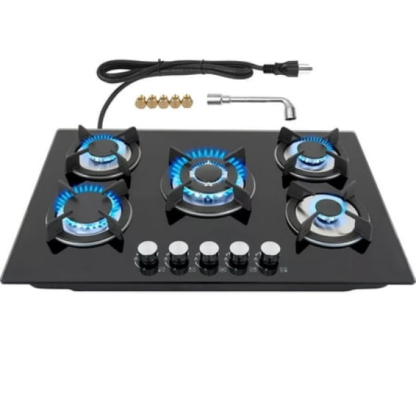 Nardea 30 Built in Gas Cooktop 5 Burner Gas Cooktop for NG/LPG Dual Fuel Convertible Propane Gas Stove Burner with Thermocouple Protection Black Tempered Glass 35900BTU