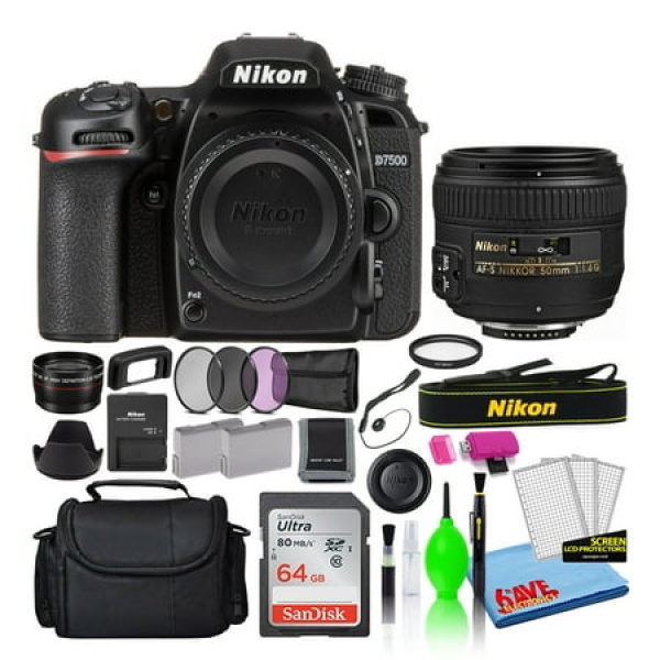 Nikon D7500 20.9MP DSLR Digital Camera with AF-S 50mm f/1.4G Lens (1581) Bundle with SanDisk 64GB SD Card + Camera Bag + Filter Kit + Spare Battery + Telephoto Lens