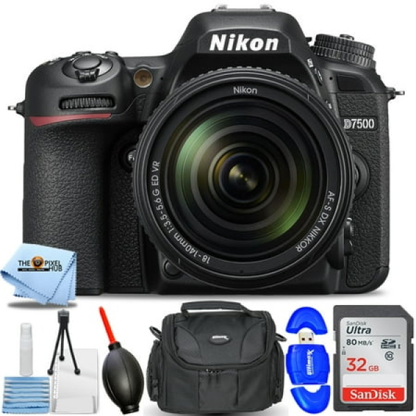 Nikon D7500 DSLR Camera with 18-140mm Lens - Essential Bundle with Sandisk Ultra 32GB SD Memory Card Reader Gadget Bag Blower Microfiber Cloth and Cleaning Kit