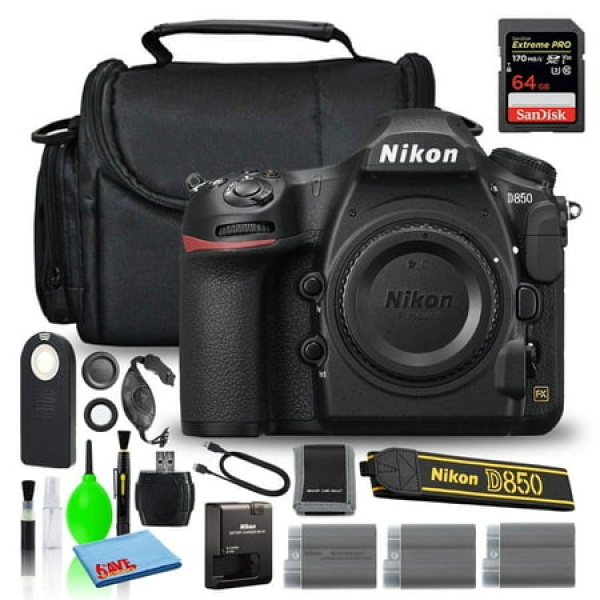 Nikon D850 45.7MP DSLR Digital Camera (Body Only) (1585) Bundle with SanDisk 64GB Extreme PRO SD Card + (2) Extra Compatible Batteries + Camera Bag + Wireless Remote