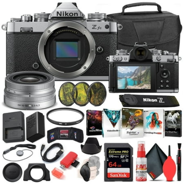 Nikon Z fc Mirrorless Digital Camera with 16-50mm Lens (Black 1675) International Model Bundle with 64GB Extreme PRO SD Card + Camera Bag + Editing Software + 4pc Filter Kit + Cleaning Kit