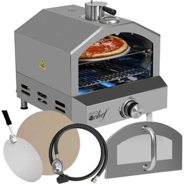 Open Box Deco Chef Portable Outdoor Pizza Oven and Grill with Propane Gas CSA Approved Regulator and Hose Includes Pizza Peel Stone Easy Temperature Dial Built-In Thermometer and Grill Rack