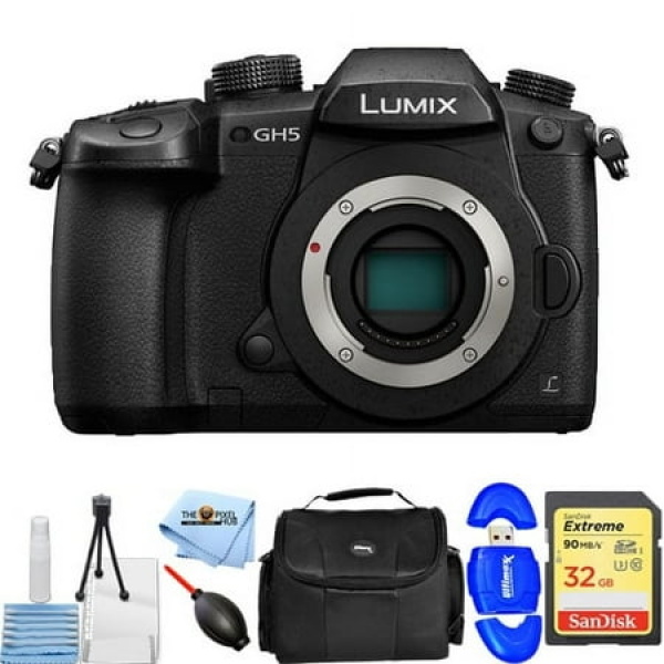 Panasonic Lumix DC-GH5 Mirrorless Micro Four Thirds Digital Camera - Essential Bundle Includes: Sandisk Extreme 32GB SD Memory Card Reader Gadget Bag Blower Microfiber Cloth and Cleaning Kit