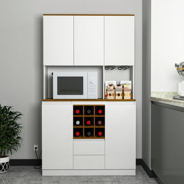 Resenkos Freestanding Kitchen Pantry Storage Cabinet with Buffet Power Outlets Hutch Bar Cabinet White