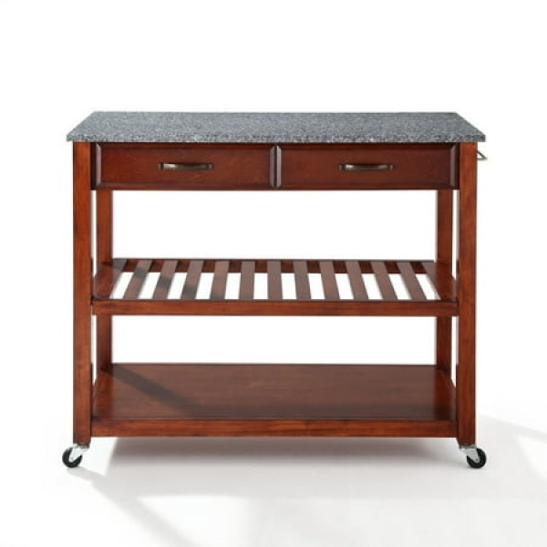 SOLID GRANITE TOP KITCHEN CART/ISLAND WITH OPTIONAL STOOL STORAGE IN CLASSIC CHERRY FINISH