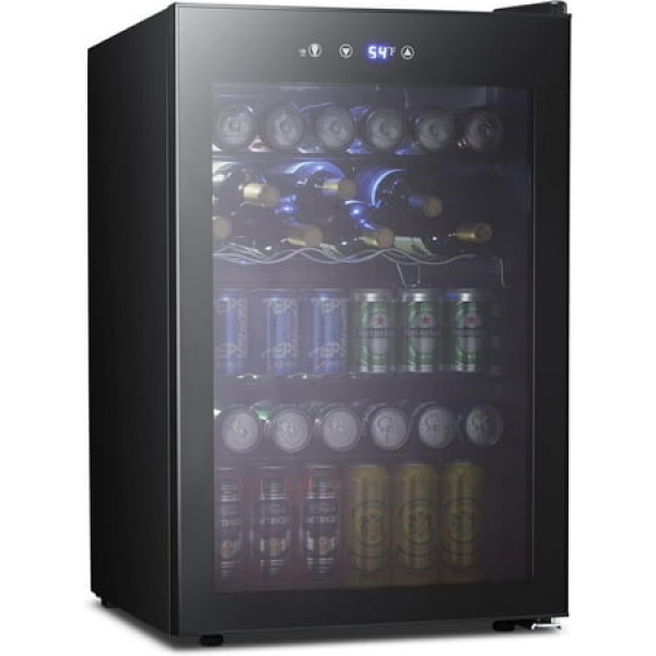 Sleek Black Mini Beverage Cooler with Transparent Glass Door and Advanced Digital Temperature Regulation.