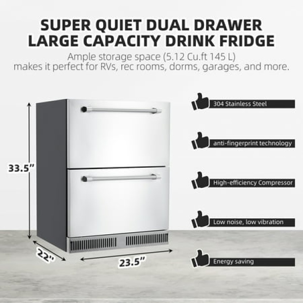 Weatherproof Outdoor Refrigerator with Stainless Steel Door Double Drawer Undercounter Beverage Fridge 24 Inch Compact Design with Low Noise Operation