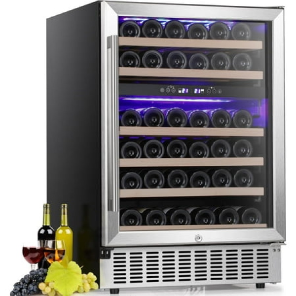 Wine Cabinet Beverage Refrigerator Beer Mini Fridge 28 Bottles Dual Zone Built-in Independent Stainless Steel Double-Layer Tempered Glass Door24in