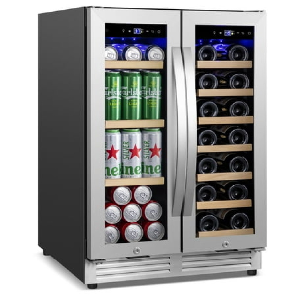 Wine Cooler Refrigerator 24 Inch Dual Zone Beverage Quick Cooling Built-in or Freestanding Holds 20 Bottles and 60 Cans